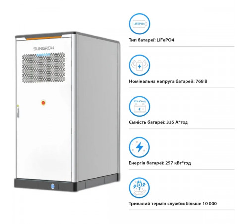 Система збереження енергії Sungrow PowerStack ESS 125kW 255KWh 820V 314Ah LiFePO4 IP55, Fire Extinguisher, Liquid Cooled (ST255CS-2H)