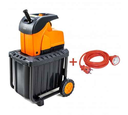 Подрібнювач садовий DS2800/45 KIT, 220В, 2800Вт, гілки до 45мм, ножі, контейнер 60л + подовжувач 10м помаранч.