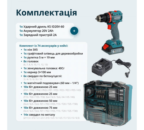 Комплект акумуляторного електроінструменту KS ID20V-60 KIT 74