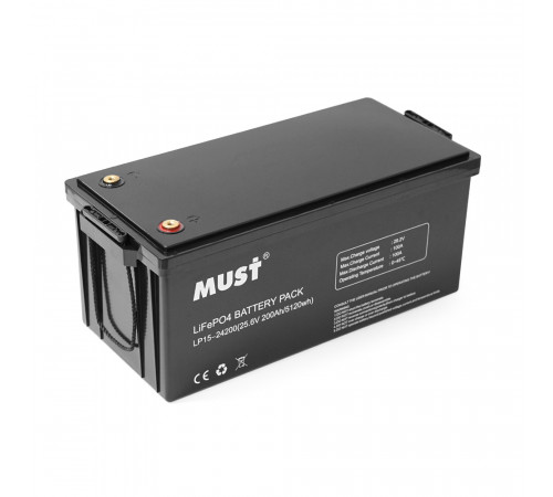 Аккумуляторна батарея Must LiFePO4 LP15-24200 25.6V 200Ah, 5,12kWh, BMS100A@4S, 6000 cycles, 522x240x218, 45kg Аккумуляторна батарея Must LiFePO4 LP15-24200 25.6V 200Ah, 5,12kWh, BMS100A@4S, 6000 cycles, 522x240x218, 45kg