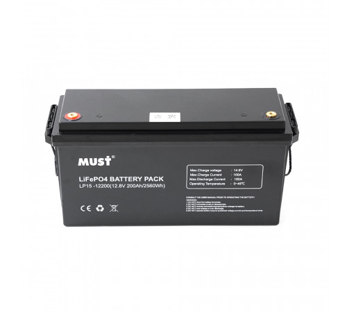 Аккумуляторная батарея Must LiFePO4 LP15-12200 12,8V 200Ah, 2,56kWh, BMS100A@4S, 6000 cycles, 502x185x243, 23kg