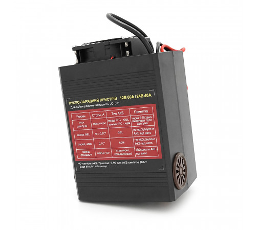 Пуско-зарядне ЗУ БОТ-60 для акумуляторів 12/24V (12-900Ah) (MF, WET, AGM, GEL, CA/CA), 160-245V, Струм заряду 60/40А, крокодили в комплекті